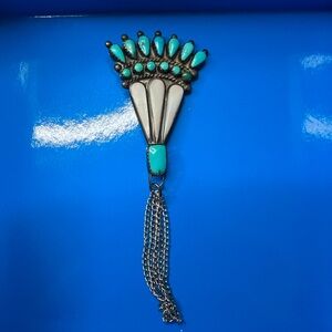 Vintage 1940’s -50s Zuni Turquoise and Silver Feather Fan  Brooch with Tassel